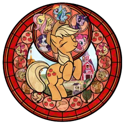 Size: 720x720 | Tagged: safe, artist:akili-amethyst, derpibooru import, apple bloom, applejack, big macintosh, braeburn, fluttershy, granny smith, pinkie pie, rainbow dash, rarity, twilight sparkle, earth pony, pony, dive to the heart, eyes closed, female, kingdom hearts, male, mare, rearing, stained glass, stallion