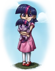 Size: 1545x2000 | Tagged: safe, artist:aphexangel, derpibooru import, twilight sparkle, human, pony, unicorn, clothes, cute, dress, female, filly, filly twilight sparkle, holding a pony, human ponidox, humanized, self ponidox, tongue out, twiabetes, younger