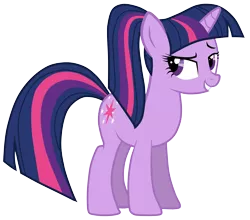 Size: 5000x4396 | Tagged: safe, artist:jennieoo, derpibooru import, twilight sparkle, pony, unicorn, absurd resolution, alternate hairstyle, female, hilarious in hindsight, looking back, mare, ponytail, simple background, smiling, solo, transparent background, unicorn twilight, vector