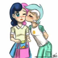 Size: 804x802 | Tagged: safe, artist:johnjoseco, derpibooru import, bon bon, lyra heartstrings, sweetie drops, human, blushing, female, humanized, kiss on the cheek, kissing, lesbian, lyrabon, one eye closed, shipping, simple background, white background, young, younger
