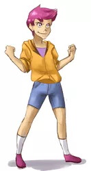 Size: 565x1065 | Tagged: 2010s, 2012, artist:gog-tier, clothes, confident, denim shorts, derpibooru import, female, fist, human, humanized, normal skin color, purple hair, safe, scootaloo, shadow, shorts, simple background, smiling, smirk, socks, solo, white background