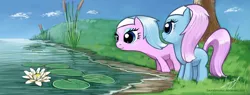 Size: 1318x500 | Tagged: safe, artist:saurabhinator, derpibooru import, aloe, lotus blossom, earth pony, pony, duo, female, filly, flower, foal, pond, sisters, spa twins, water, water lily, younger