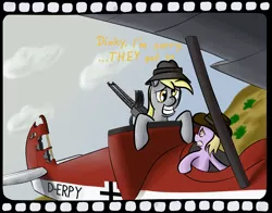 Size: 2550x2000 | Tagged: safe, artist:osakaoji, derpibooru import, derpy hooves, dinky hooves, pegasus, pony, unicorn, biplane, crossover, duo, female, filly, flying, gun, hat, high res, i just don't know what went wrong, indiana jones, mare, mother and daughter, plane, weapon