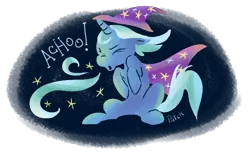 Size: 670x414 | Tagged: safe, artist:pashapup, derpibooru import, trixie, pony, unicorn, eyes closed, female, mare, sitting, sneezing, solo