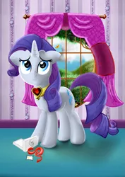 Size: 1131x1600 | Tagged: safe, artist:clutterdrop, derpibooru import, rarity, pony, unicorn, female, fire ruby, mare, solo, window