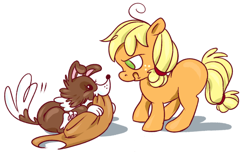 Size: 1000x635 | Tagged: safe, artist:pashapup, derpibooru import, applejack, winona, earth pony, pony, annoyed, female, filly, foal, no pupils, simple background, transparent background