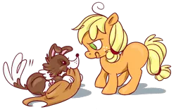 Size: 1000x635 | Tagged: safe, artist:pashapup, derpibooru import, applejack, winona, earth pony, pony, annoyed, female, filly, foal, no pupils, simple background, transparent background