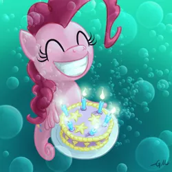 Size: 1280x1280 | Tagged: artist:giantmosquito, bubble, cake, candle, derpibooru import, eyes closed, female, hilarious in hindsight, how, pinkie being pinkie, pinkie physics, pinkie pie, safe, seahorse, sea pony, seapony pinkie pie, smiling, solo, species swap, underwater