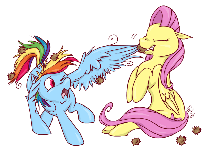 Size: 1600x1200 | Tagged: safe, artist:pashapup, derpibooru import, fluttershy, rainbow dash, pegasus, pony, burrs, duo, eyes closed, female, floppy ears, mare, mouth hold, one wing out, simple background, stingbush seed pods, transparent background