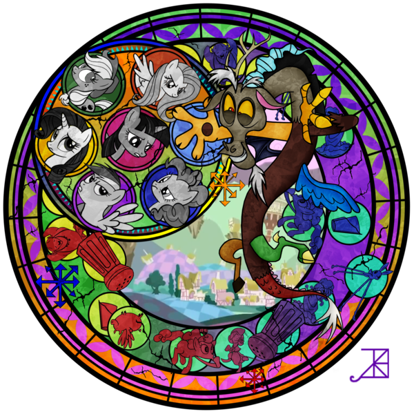 Size: 1600x1600 | Tagged: safe, artist:akili-amethyst, derpibooru import, applejack, big macintosh, discord, fluttershy, granny smith, pinkie pie, rainbow dash, rarity, screwball, twilight sparkle, earth pony, pony, dive to the heart, kingdom hearts, male, stained glass, stallion