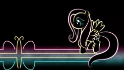 Size: 1920x1080 | Tagged: safe, artist:smockhobbes, derpibooru import, fluttershy, butterfly, pegasus, pony, black background, cutie mark, female, glow, hooves, lineart, lines, mare, minimalist, modern art, neon, photoshop, simple background, solo, spread wings, standing, wallpaper, wings