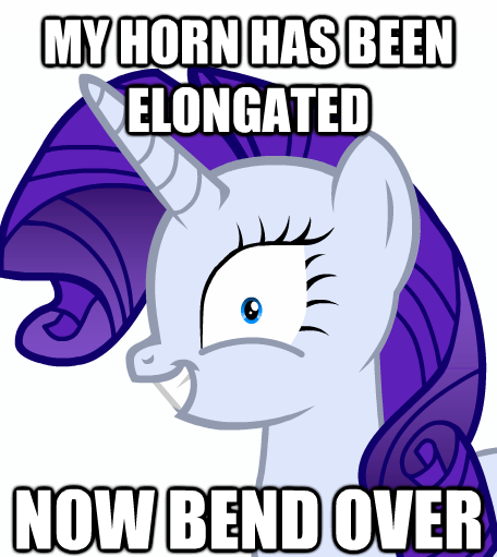 Size: 456x511 | Tagged: suggestive, derpibooru import, rarity, pony, unicorn, pony creator, bend over, caption, female, femdom, hornboner, image macro, implied anal, implied horn penetration, long horn, looking at you, mare, pony maker, rapeface, solo, solo female