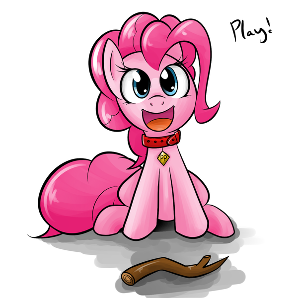 Size: 1280x1280 | Tagged: dead source, safe, artist:grumblepluck, derpibooru import, pinkie pie, earth pony, pony, behaving like a dog, collar, cute, dialogue, diapinkes, female, fetch, fetch!, mare, name tag, one word, open mouth, pet play, pet tag, puppy pie, sitting, solo, stick