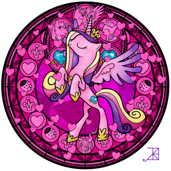 Size: 1600x1600 | Tagged: safe, artist:akili-amethyst, derpibooru import, princess cadance, princess celestia, queen chrysalis, shining armor, twilight sparkle, alicorn, changeling, changeling queen, ladybug, pony, unicorn, dive to the heart, eyes closed, female, image, kingdom hearts, male, mare, png, princess, rearing, signature, stained glass, stallion