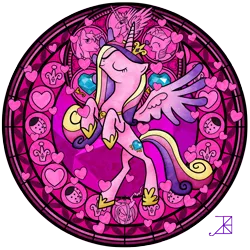 Size: 1600x1600 | Tagged: safe, artist:akili-amethyst, derpibooru import, princess cadance, princess celestia, queen chrysalis, shining armor, twilight sparkle, alicorn, changeling, changeling queen, ladybug, pony, unicorn, dive to the heart, eyes closed, female, image, kingdom hearts, male, mare, png, princess, rearing, signature, stained glass, stallion