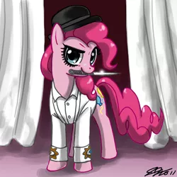 Size: 900x900 | Tagged: safe, artist:johnjoseco, derpibooru import, pinkie pie, earth pony, pony, a clockwork orange, clothes, coat, crossover, curtains, female, hat, knife, looking at you, mare, mouth hold, photoshop, solo, stage, stand