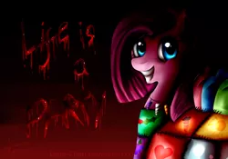 Size: 1000x700 | Tagged: grimdark, artist:liara-chan, derpibooru import, pinkie pie, earth pony, pony, fanfic:cupcakes, cutie mark dress, female, grin, mare, pinkamena diane pie, smiling, solo