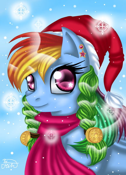 Size: 900x1250 | Tagged: safe, artist:yuki-orin, derpibooru import, rainbow dash, pegasus, pony, alternate hairstyle, christmas, clothes, female, hat, holiday, mare, santa hat, scarf, snow, snowflake, solo, wingding eyes