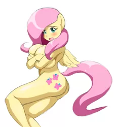 Size: 1173x1280 | Tagged: ambiguous facial structure, anthro, artist needed, blushing, breasts, busty fluttershy, covering, curvy, derpibooru import, embarrassed, female, fluttershy, nudity, simple background, solo, solo female, suggestive, white background