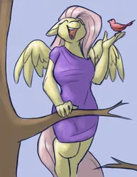 Size: 700x906 | Tagged: anthro, artist:foxenawolf, bird, clothes, derpibooru import, dress, female, floppy ears, fluttershy, happy, safe, singing, smiling, solo, tree branch, unguligrade anthro