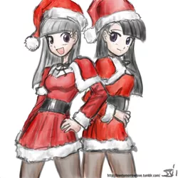 Size: 1280x1280 | Tagged: artist:johnjoseco, artist:michos, christmas, clothes, derpibooru import, duo, female, hat, holiday, human, humanized, limestone pie, marble pie, pantyhose, pie sisters, safe, santa claus, santa hat