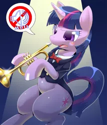 Size: 700x816 | Tagged: safe, artist:oze, derpibooru import, twilight sparkle, pony, unicorn, rhythm is magic, annoyed, bipedal, clothes, cute, female, funny, mare, musical instrument, pixiv, pun, solo, trumpet