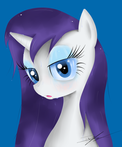 Size: 1638x1971 | Tagged: dead source, safe, artist:ivan-chan, derpibooru import, rarity, pony, unicorn, bedroom eyes, blue background, bust, female, mare, simple background, solo, wet, wet mane, wet mane rarity