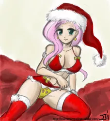 Size: 906x1000 | Tagged: artist:johnjoseco, artist:michos, breasts, busty fluttershy, christmas, clothes, colored, color edit, cutie mark underwear, derpibooru import, edit, female, fluttershy, hat, human, humanized, panties, santa hat, skirt, solo, solo female, stockings, suggestive, underwear, upskirt, yellow underwear