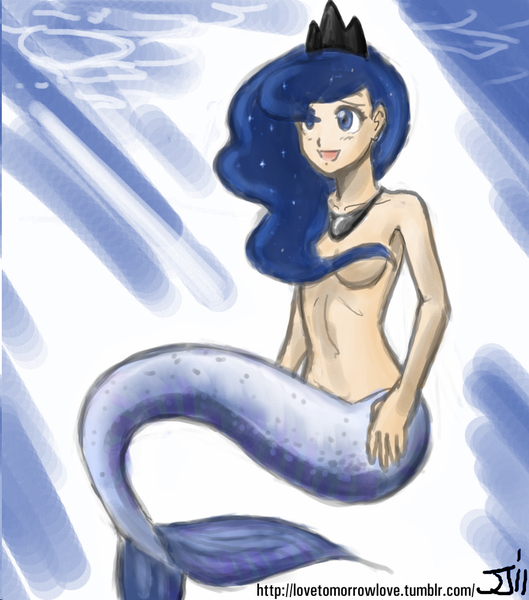 Size: 882x1000 | Tagged: artist:johnjoseco, artist:michos, belly button, breasts, colored, color edit, derpibooru import, edit, female, godiva hair, mermaid, mermaidized, nudity, princess luna, skinny, solo, solo female, strategically covered, suggestive