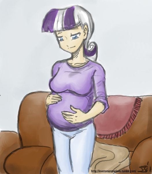 Size: 833x950 | Tagged: artist:johnjoseco, artist:michos, couch, derpibooru import, female, human, humanized, implied shining armor, implied twilight sparkle, pregnant, safe, solo, twilight velvet