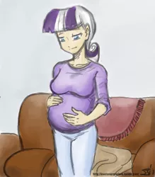 Size: 833x950 | Tagged: artist:johnjoseco, artist:michos, couch, derpibooru import, female, human, humanized, implied shining armor, implied twilight sparkle, pregnant, safe, solo, twilight velvet