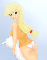 Size: 750x952 | Tagged: suggestive, artist:deeriojim, artist:johnjoseco, artist:kevinsano, color edit, derpibooru import, edit, applejack, human, applebucking thighs, applebutt, ass, blonde hair, breasts, busty applejack, butt, clothes, colored, female, gradient background, green eyes, humanized, looking back, panties, pillow, rear view, solo, solo female, the ass was fat, underwear, white underwear