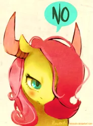 Size: 509x690 | Tagged: safe, artist:hinoraito, derpibooru import, fluttershy, minotaur, pegasus, pony, putting your hoof down, female, horns, mare, no, solo