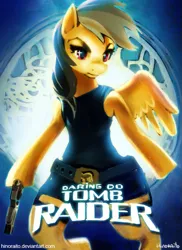 Size: 525x720 | Tagged: artist:hinoraito, clothes, crossover, daring do, dead source, derpibooru import, female, handgun, lara croft, safe, semi-anthro, solo, tomb raider, weapon