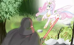 Size: 900x550 | Tagged: safe, artist:v-invidia, derpibooru import, princess celestia, alicorn, human, pony, crossover, darth vader, duo, female, lightsaber, mare, open mouth, raised hoof, spread wings, star wars, surprised, tree, wide eyes