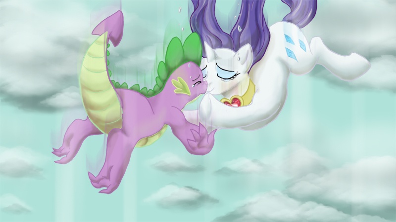 Size: 800x450 | Tagged: safe, artist:iraecoal, derpibooru import, rarity, spike, dragon, pony, unicorn, secret of my excess, crying, falling, female, fire ruby, interspecies, kissing, male, mare, scene interpretation, shipping, smiling, sparity, straight