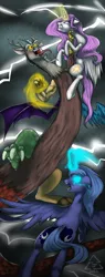 Size: 1138x3000 | Tagged: safe, artist:cat-cly, derpibooru import, discord, princess celestia, princess luna, alicorn, draconequus, pony, female, fight, glowing eyes, lightning, male, mare