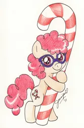 Size: 900x1355 | Tagged: dead source, safe, artist:chibi-jen-hen, derpibooru import, twist, earth pony, pony, bipedal, candy cane, cute, female, filly, glasses, looking at you, solo, traditional art