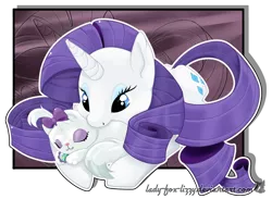 Size: 1000x731 | Tagged: safe, artist:lady-fox-lizzy, derpibooru import, opalescence, rarity, cat, pony, unicorn, adobe imageready, cute, female, mare, opalbetes, prone, raribetes, sleeping, snuggling