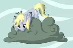 Size: 1280x845 | Tagged: safe, artist:fearingfun, derpibooru import, derpy hooves, pegasus, pony, cloud, female, i just don't know what went wrong, looking down, mare, messy mane, singed, solo, stormcloud