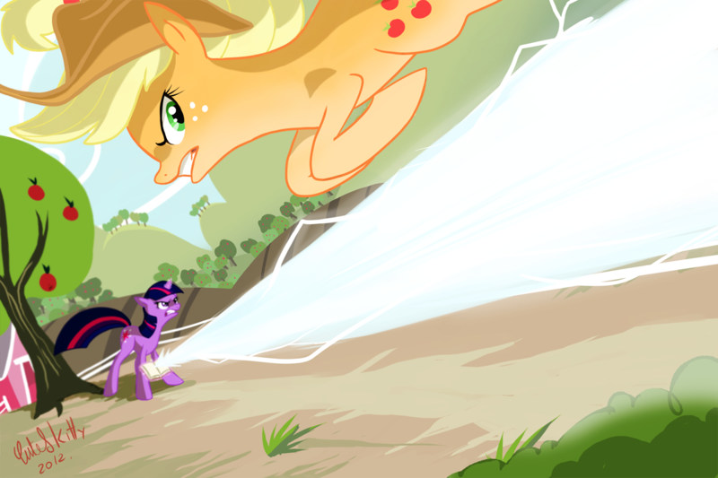 Size: 1200x800 | Tagged: safe, artist:cuteskitty, derpibooru import, applejack, twilight sparkle, earth pony, pony, unicorn, fighting is magic, action pose, beam, duo, female, fight, jumping, magic, mare, orchard, tree