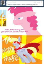 Size: 642x939 | Tagged: dead source, safe, artist:cartoonlion, derpibooru import, derpy hooves, pinkie pie, earth pony, pegasus, pony, ask, clothes, costume, female, mare, superhero