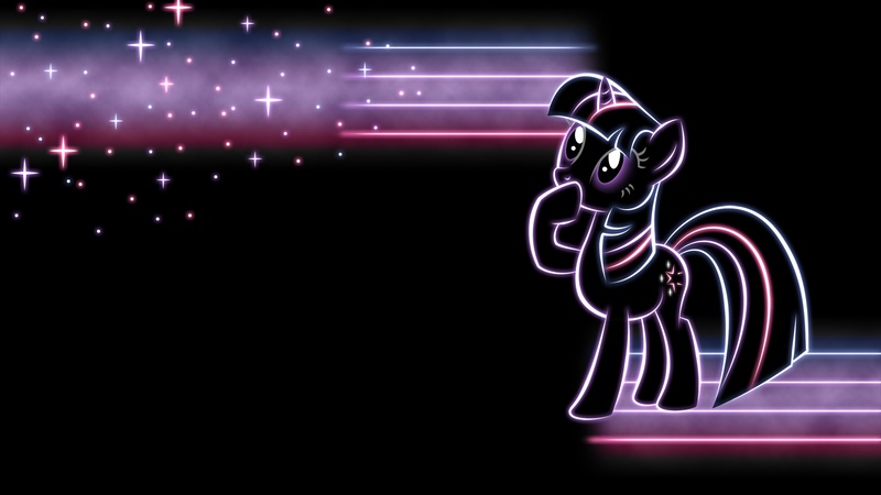 Size: 1920x1080 | Tagged: safe, artist:smockhobbes, derpibooru import, twilight sparkle, pony, unicorn, black background, cutie mark, female, glow, hooves, horn, image, jpeg, lineart, lines, mare, minimalist, modern art, neon, photoshop, raised hoof, raised leg, simple background, solo, sparkles, standing, thinking, unicorn twilight, wallpaper, wondering