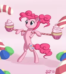 Size: 800x899 | Tagged: safe, artist:alipes, derpibooru import, pinkie pie, earth pony, pony, alternate hairstyle, bipedal, cupcake, exercise, female, food, mare, solo, weight lifting