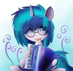 Size: 900x884 | Tagged: safe, artist:infalle, artist:sosweetntasty, derpibooru import, vinyl scratch, pony, unicorn, accordion, eyes closed, female, glasses, gradient background, happy, mare, musical instrument, open mouth, smiling, solo