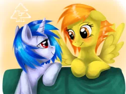 Size: 1024x768 | Tagged: safe, artist:cat-cly, derpibooru import, spitfire, vinyl scratch, pegasus, pony, unicorn, blushing, eye contact, female, gradient background, lesbian, looking at each other, mare, shipping, vinylfire