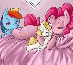 Size: 1000x900 | Tagged: safe, artist:florecentmoo, derpibooru import, pinkie pie, rainbow dash, surprise, earth pony, pegasus, pony, g1, bed, cute, diapinkes, family, female, filly, foal, g1 to g4, generation leap, lesbian, magical lesbian spawn, mare, offspring, parent:pinkie pie, parent:rainbow dash, parents:pinkiedash, pinkiedash, shipping