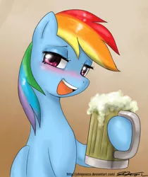 Size: 750x894 | Tagged: safe, artist:johnjoseco, derpibooru import, rainbow dash, pegasus, pony, blushing, cider, cider mug, drunk, drunker dash, female, gradient background, mare, mug, solo, tankard