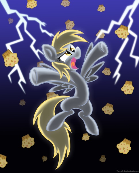 Size: 4140x5139 | Tagged: safe, artist:stratustrot, derpibooru import, derpy hooves, pegasus, pony, absurd resolution, female, flying, lightning, mare, muffin, open mouth, solo, that pony sure does love muffins