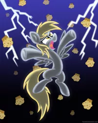 Size: 4140x5139 | Tagged: safe, artist:stratustrot, derpibooru import, derpy hooves, pegasus, pony, absurd resolution, female, flying, lightning, mare, muffin, open mouth, solo, that pony sure does love muffins